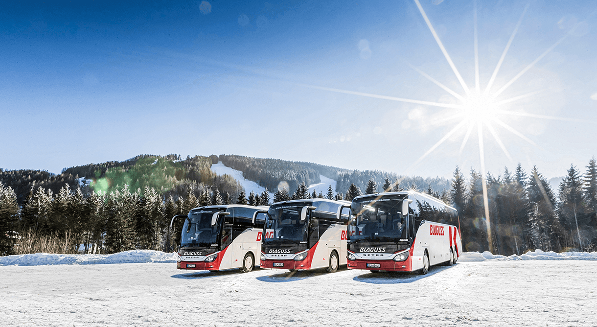 Drei Blaguss Busse in verschneiter Landschaft